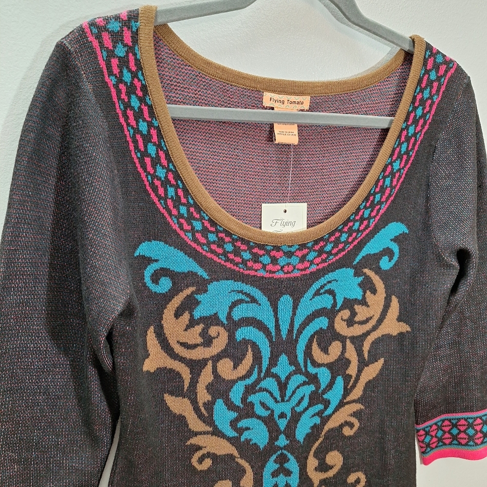 NWT FLYING TOMATO Multicolor Teal Pink Asymmetrical Midi Sweater Dress Medium - Picture 6 of 14